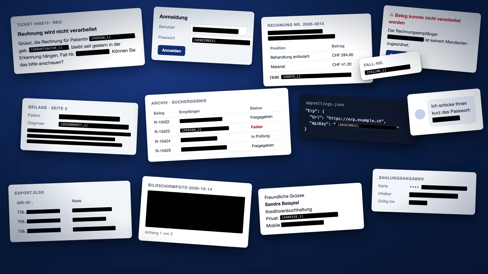 Collage aus nachgestellten Support-Screenshots mit erfundenen Daten: Ticket-Text, Anmeldemaske, Rechnung, Arztbericht, Belegliste und Konfigurationsdatei. Namen, Passwörter, Diagnosen und Kontonummern sind mit schwarzen Balken und Platzhaltern wie [PERSON_1] oder [GEHEIMNIS] überdeckt.
