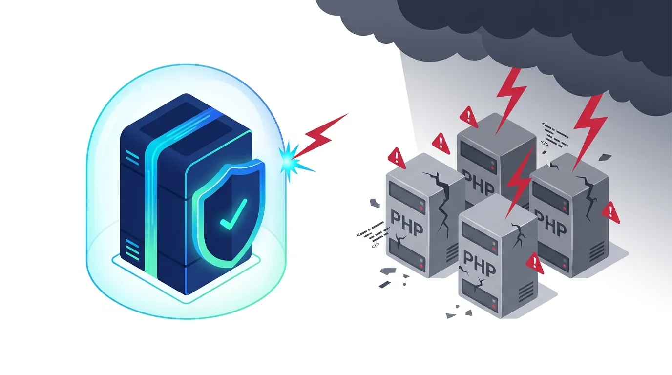 Illustration: Vier mit PHP beschriftete Server werden unter einer Gewitterwolke von Blitzen getroffen, sie haben Risse und Warnzeichen. Daneben steht ein Server in den invoiceR-Farben unversehrt unter einer schützenden Glaskuppel mit Schild und Haken, ein Blitz prallt daran ab.